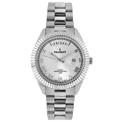 Peugeot Men's 40mm Silver Face Fluted Bezel Steel Bracelet Watch