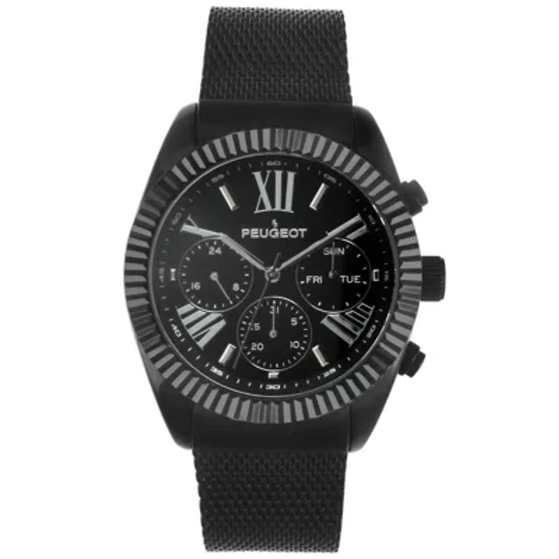 Peugeot Men's 42mm Black Multi-Function Steel Mesh Watch