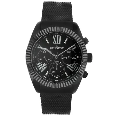 Peugeot Men's 42mm Black Multi-Function Steel Mesh Watch