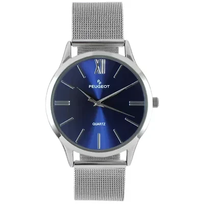 Peugeot Men's 40mm Blue Dial Slim Case Stainless Steel Mesh Watch