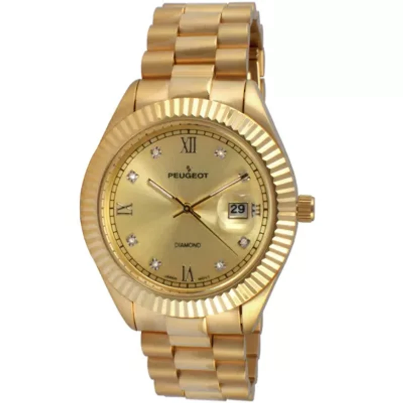 Peugeot Men's 40mm Gold dial 14K Gold Plated Genuine Diamond Dial Watch with Gold-Tone Bracelet Strap