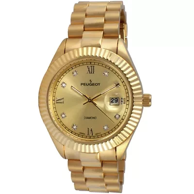 Peugeot Men's 40mm Gold dial 14K Gold Plated Genuine Diamond Dial Watch with Gold-Tone Bracelet Strap
