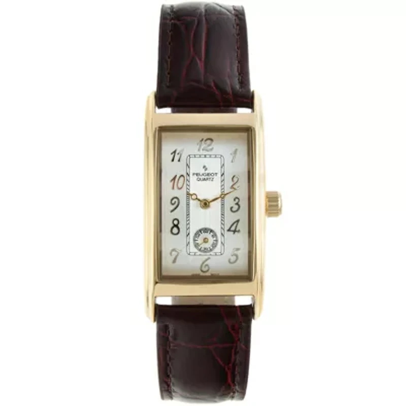 Peugeot Men's Gold Contour Case Remote Sweep Watch with Brown Leather Band