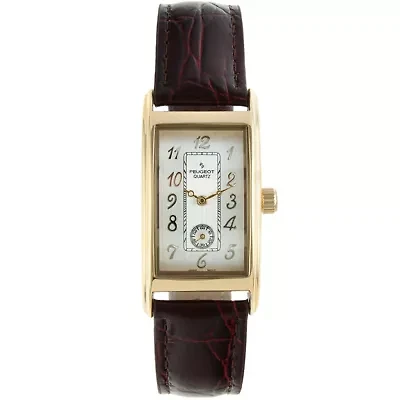 Peugeot Men's Gold Contour Case Remote Sweep Watch with Brown Leather Band