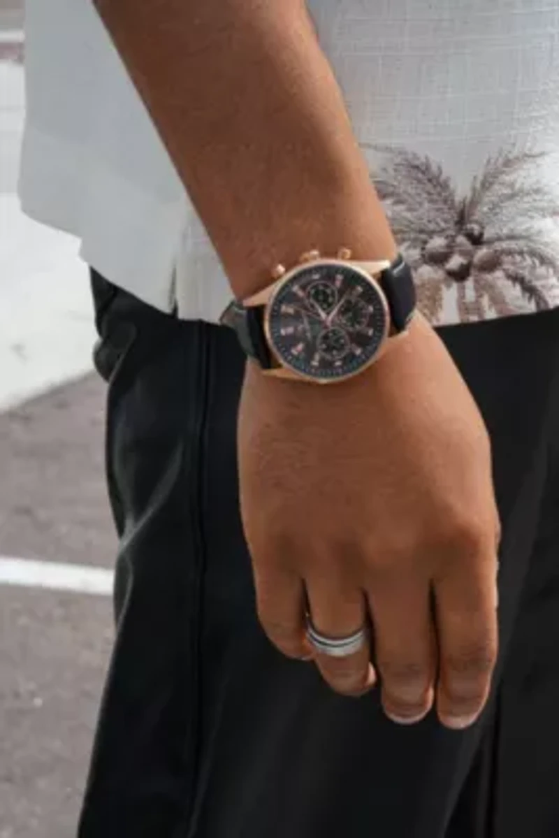 Men Rose-Gold Plated Multi-Function Leather Strap Watch