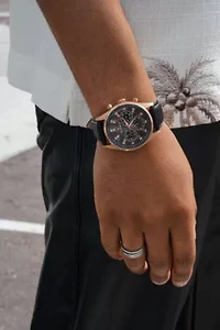 Men Rose-Gold Plated Multi-Function Leather Strap Watch