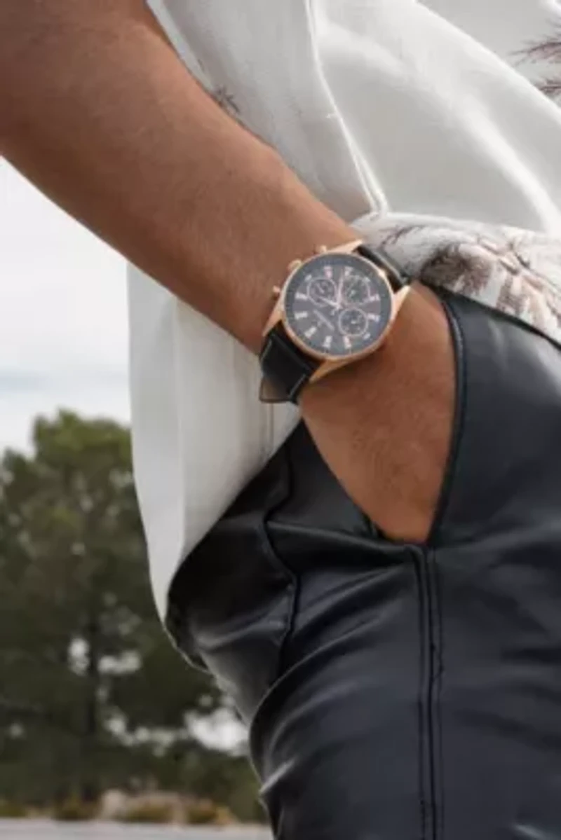 Men Rose-Gold Plated Multi-Function Leather Strap Watch