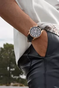Men Rose-Gold Plated Multi-Function Leather Strap Watch