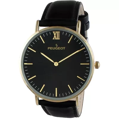 Peugeot Men's 40mm Black Dial Super Slim Leather Strap Watch