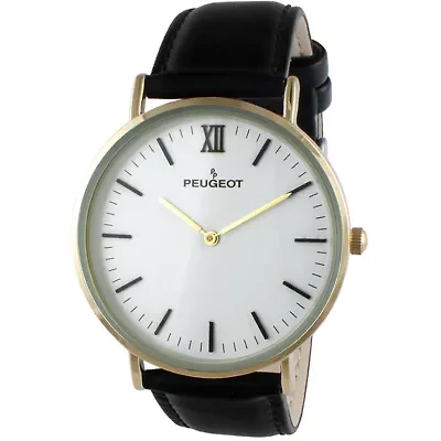 Peugeot Men's 40mm White Dial Super Slim Black Leather Strap Watch