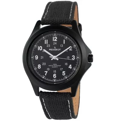 Peugeot Men's 40mm Military Dial Sport Watch with Black Canvas Strap