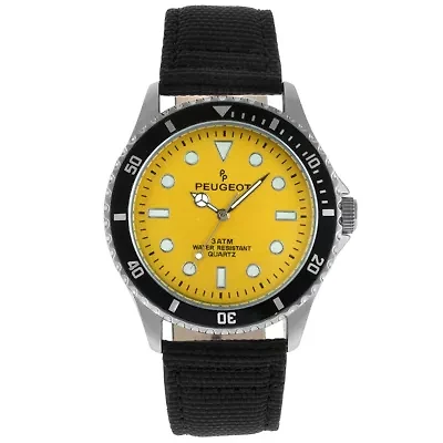 Peugeot Men's Sport Bezel Watch with Yellow Dial and Black Canvas Strap