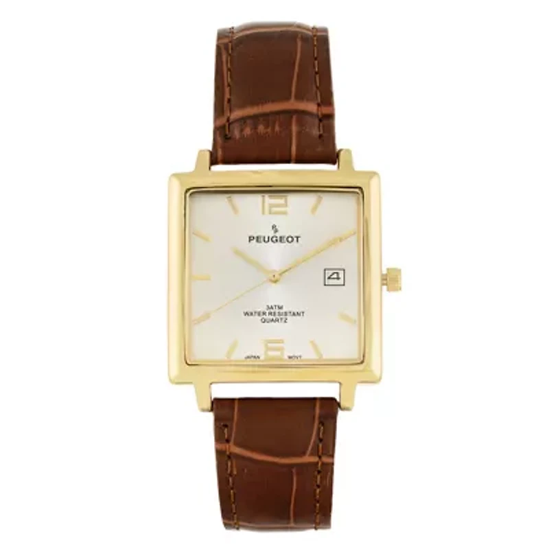 Peugeot Men's 35mm 14K Gold Plated Square Watch with Brown leather Strap
