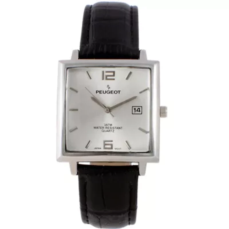 Peugeot Men's 35mm Silver Plated Square Watch with Black leather Strap