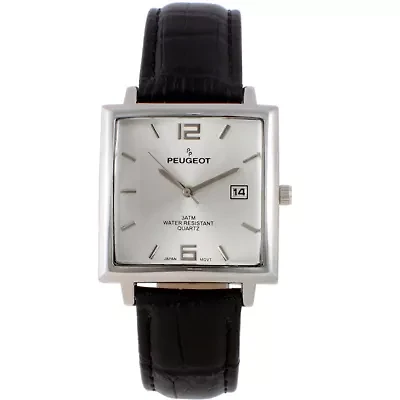 Peugeot Men's 35mm Silver Plated Square Watch with Black leather Strap