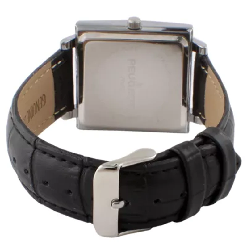 Peugeot Men's 35mm Silver Plated Square Watch with Black leather Strap