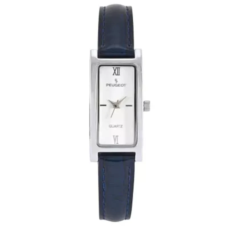 Womens 36x18mm Silver Dial Watch with Glossy Blue Leather Strap