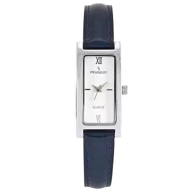 Womens 36x18mm Silver Dial Watch with Glossy Blue Leather Strap
