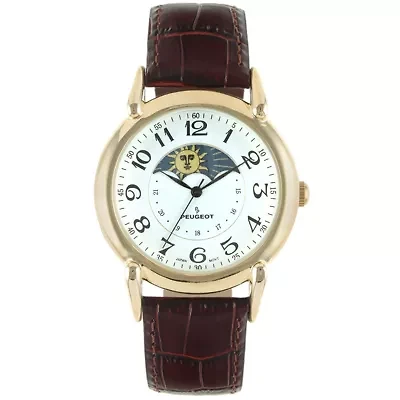 Peugeot Men's 40mm Vintage White Dial Sun Moon Brown Leather Strap Watch