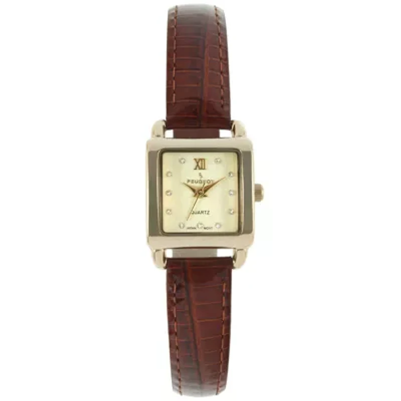 Peugeot Women's 20mm Square Watch with Glossy Brown Leather Strap