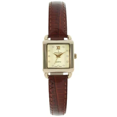 Peugeot Women's 20mm Square Watch with Glossy Brown Leather Strap