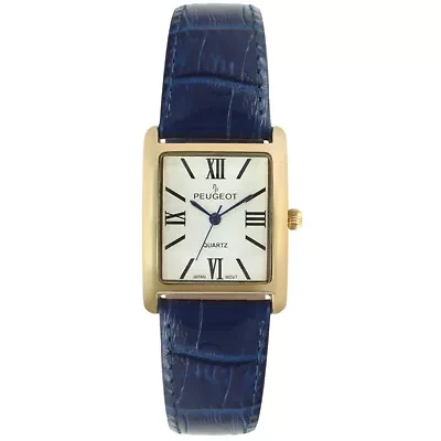 Peugeot Women's Tank Watch Roman Dial Blue Leather Strap