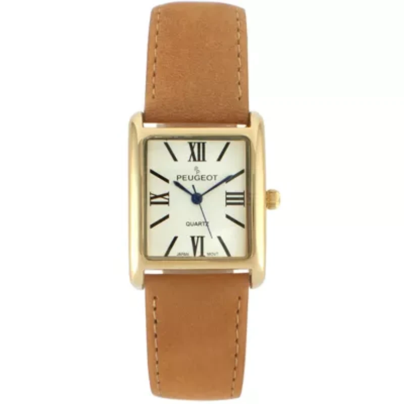 Peugeot Women's Tank Watch Roman Dial Brown Leather Strap