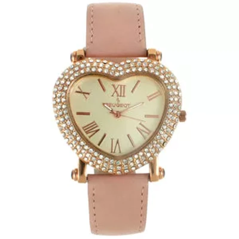 Peugeot Women's Heart Shaped Rose Gold Crystal Watch with Pink Suede Strap