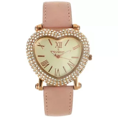 Peugeot Women's Heart Shaped Rose Gold Crystal Watch with Pink Suede Strap