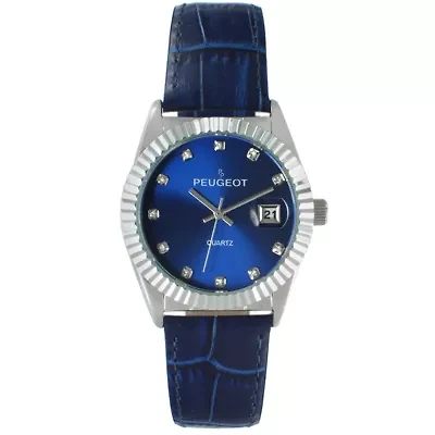 Peugeot Women's 36mm Blue Fluted Bezel Watch with Leather Strap