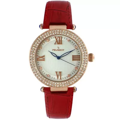 Women's 38mm Red Watch Crystal Bezel Leather Strap