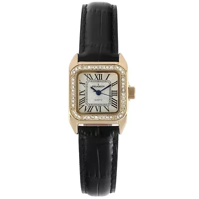 Peugeot Women's 34x24mm Tank Watch with Crystal Bezel Leather Strap