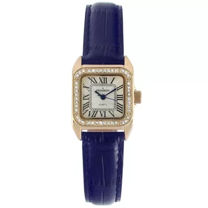 Peugeot Women's 34x24mm Tank Watch with Crystal Bezel Blue Leather Strap