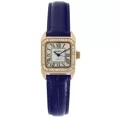 Peugeot Women's 34x24mm Tank Watch with Crystal Bezel Blue Leather Strap