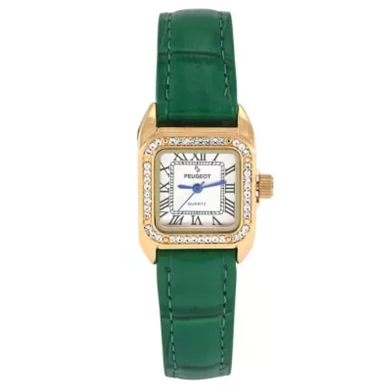 Women's 34x24mm Tank Watch with Crystal Bezel Green Leather Strap