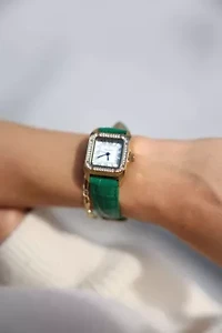 Women's 34x24mm Tank Watch with Crystal Bezel Green Leather Strap