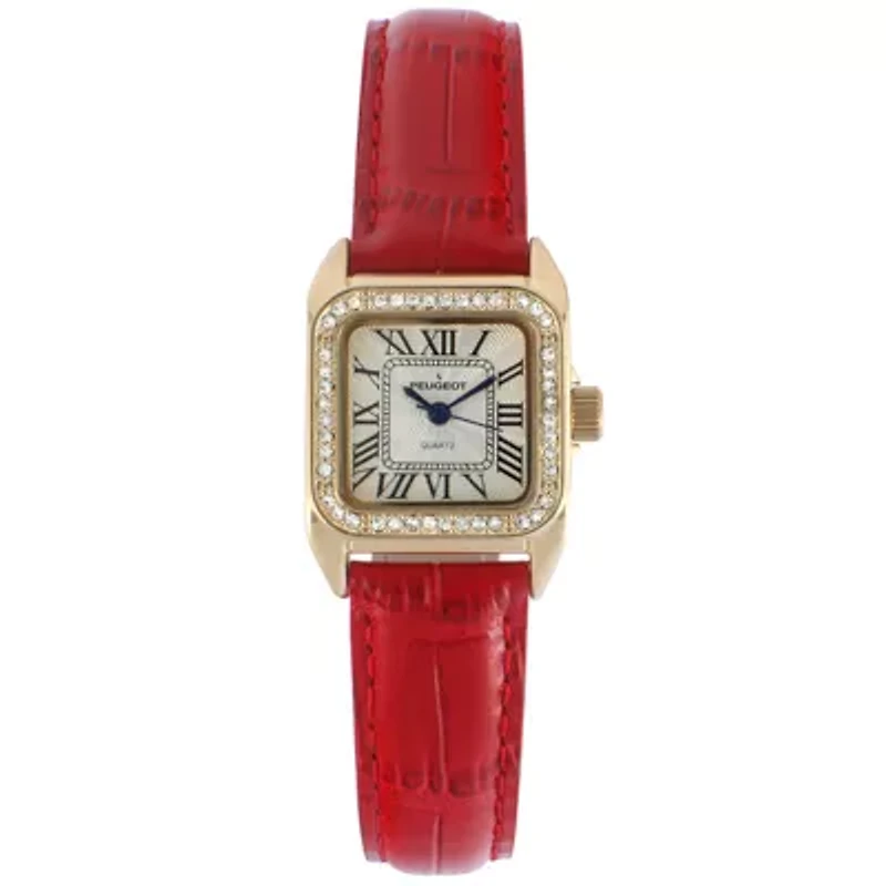 Peugeot Women's 34x24mm Tank Watch with Crystal Bezel Red Leather Strap