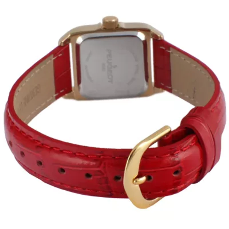 Peugeot Women's 34x24mm Tank Watch with Crystal Bezel Red Leather Strap