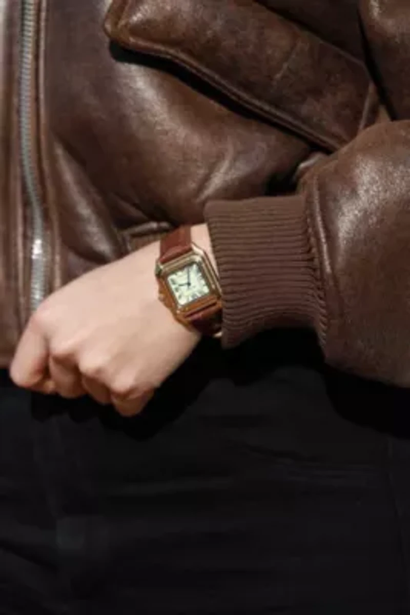 Women's 14K Gold-Plated 32mm Tank Shape Brown Leather Strap Watch