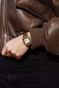 Women's 14K Gold-Plated 32mm Tank Shape Brown Leather Strap Watch
