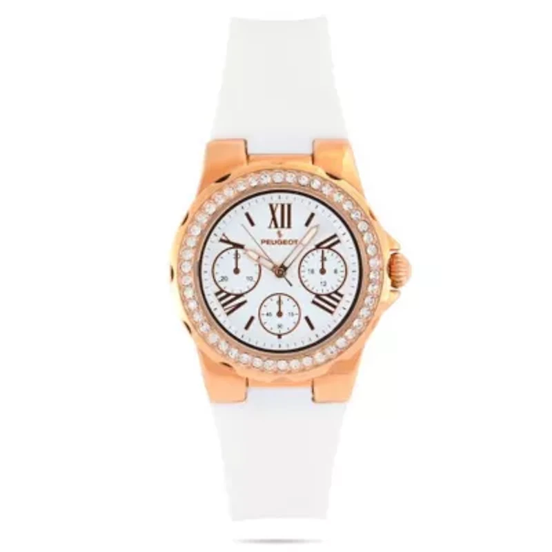 Peugeot Women's Rose Gold Wrist Watch with Crystal Bezel and Silicone Rubber Band
