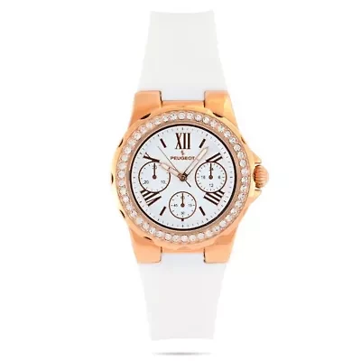 Peugeot Women's Rose Gold Wrist Watch with Crystal Bezel and Silicone Rubber Band