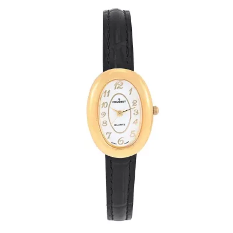 Women's 14K Gold-Plated Petite Oval Dial with Thin Glossy Black Leather Strap