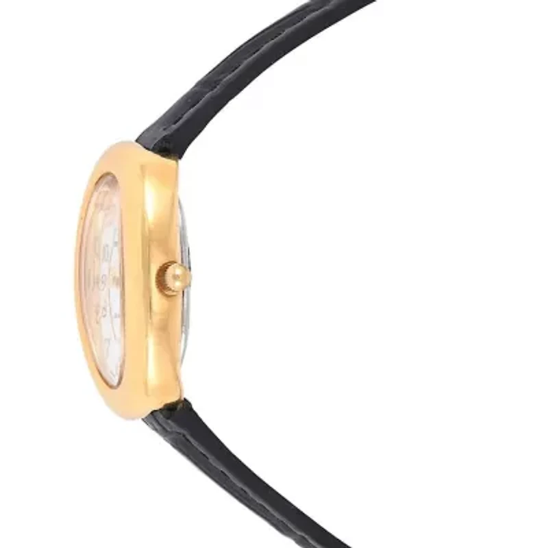 Women's 14K Gold-Plated Petite Oval Dial with Thin Glossy Black Leather Strap