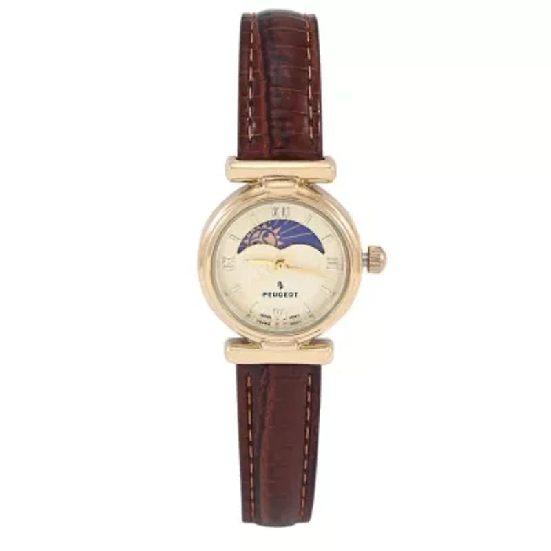 Women's Silver Petite 25mm Sun-Moon Watch with Black Glossy Leather Strap