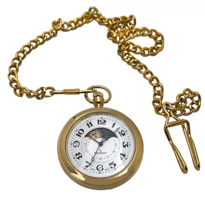 Peugeot Men's 14K Gold Plated Sun Moon Pocket Watch with Gold-Tone Chain