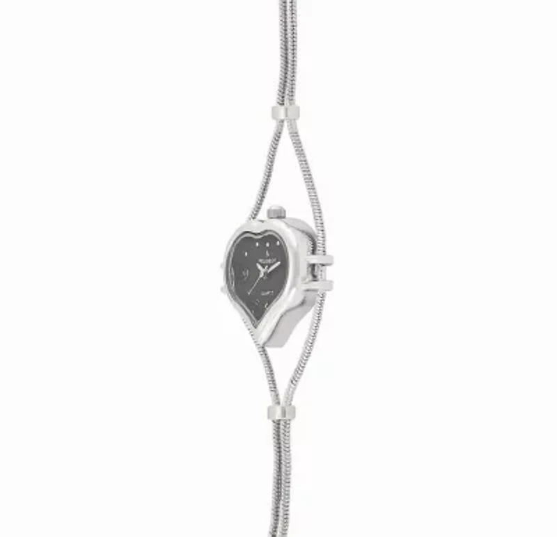 Womens Silver Heart Shape Wire Watch with Black dial