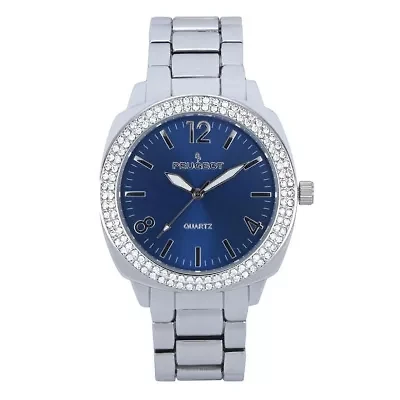 Women's 40mm Silver Boyfriend Bracelet Watch with Blue Dial & Crystal Bezel