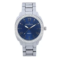 Women's 40mm Silver Boyfriend Bracelet Watch with Blue Dial & Crystal Bezel