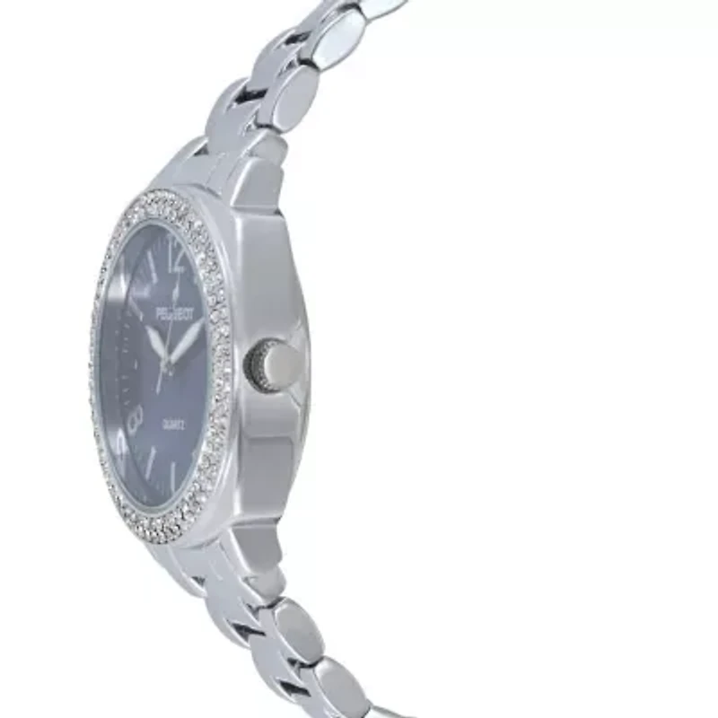 Women's 40mm Silver Boyfriend Bracelet Watch with Blue Dial & Crystal Bezel
